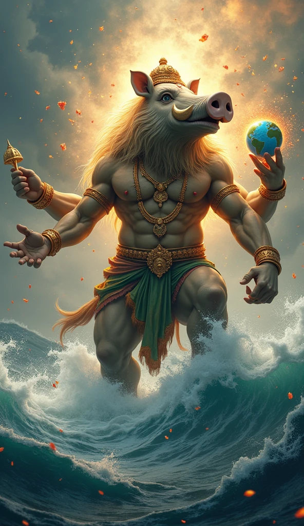 Varaha Avatar: Lord Vishnu as Varaha, a powerful boar with a golden, divine glow. He is shown emerging from the cosmic ocean, lifting the Earth (personified as a goddess) on his tusks. In the background, the demon Hiranyaksha looks defeated and submerged in the ocean, with celestial beings showering flowers.