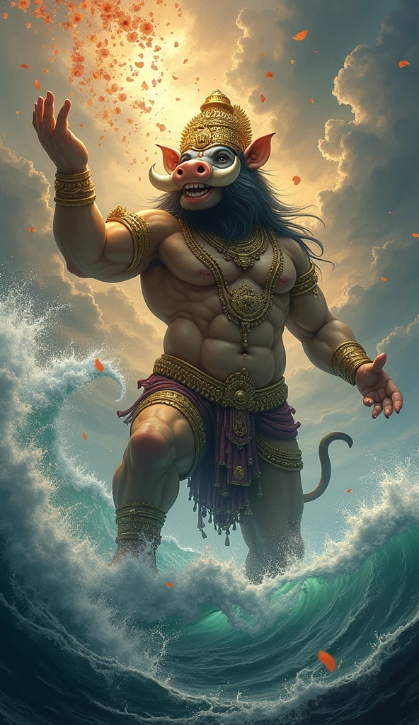 Varaha Avatar: Lord Vishnu as Varaha, a powerful boar with a golden, divine glow. He is shown emerging from the cosmic ocean, lifting the Earth (personified as a goddess) on his tusks. In the background, the demon Hiranyaksha looks defeated and submerged in the ocean, with celestial beings showering flowers.