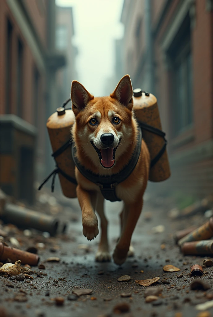 The dog has a dynamite stuck in its back.