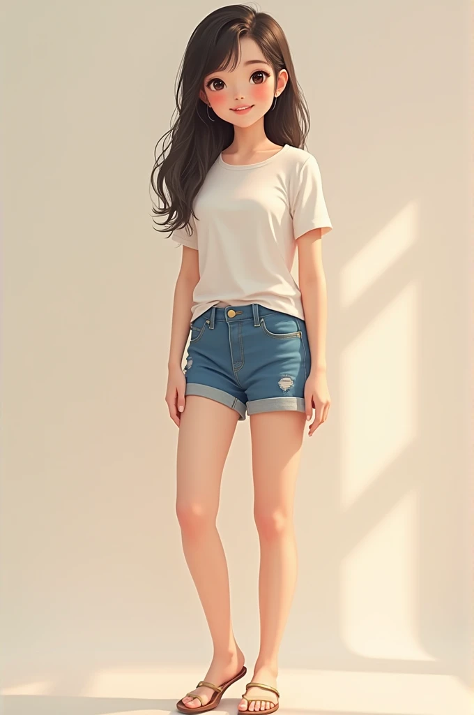 Asian girl with t-shirt and short jeans full body
