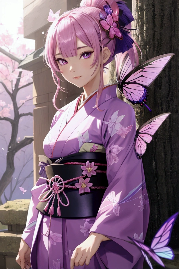 Samurai girl with kimono and magical katana, pink hair palid skin and purple aura, Fey eyes and spectral Fey butterflys