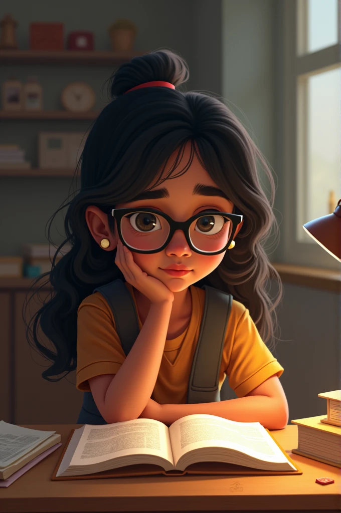 A Indian girl studying on table wearing glasses and a book on table written on book is I am Komal