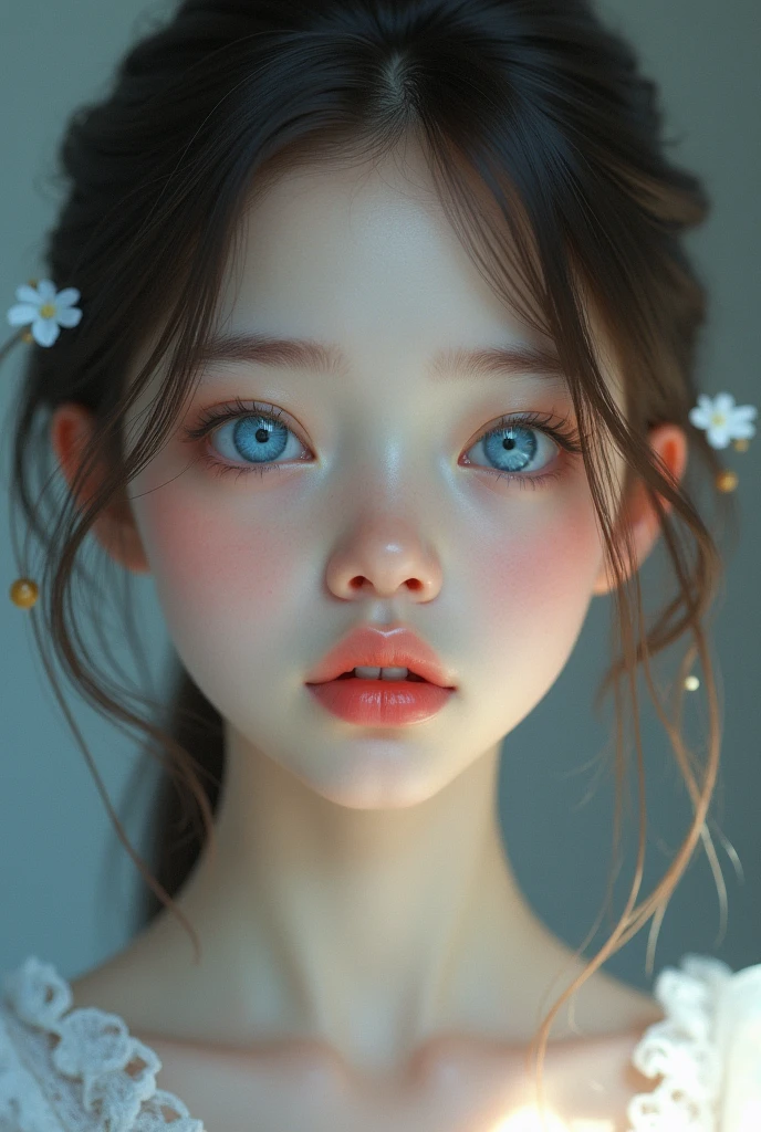A person who has a very innocent face, blue eyes and is very beautiful.