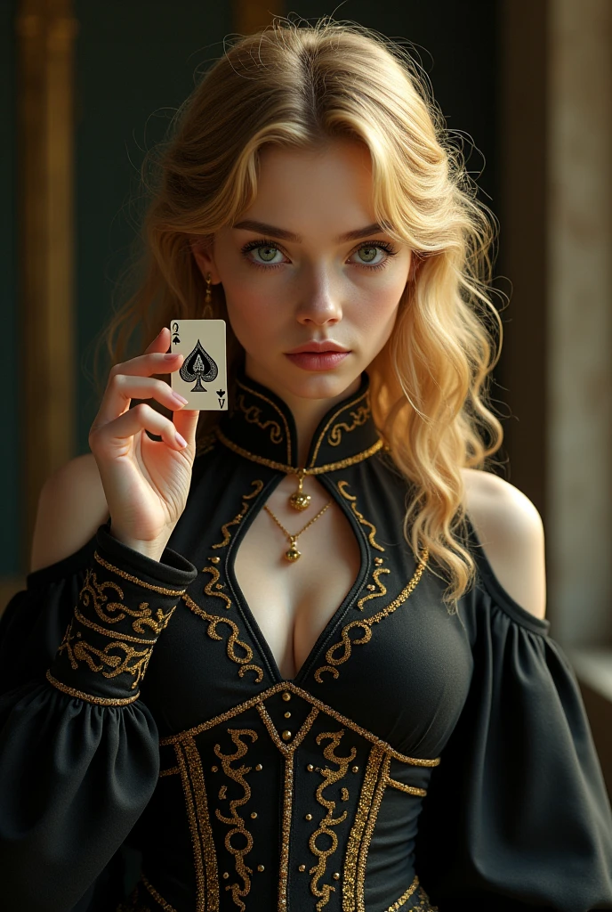Girl wearing Golden black outfit, holding spade card, realistic, attractive, no background