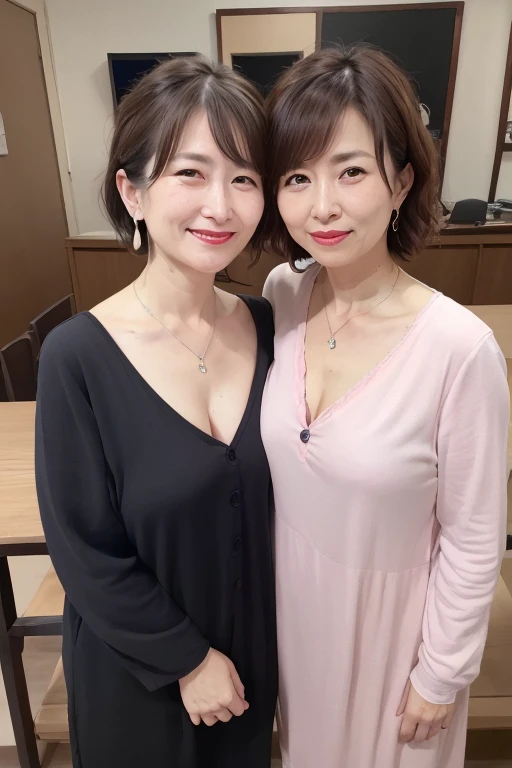 Two beautiful mature Japanese women aged 55, Married women, Long eyelashes, Bob Hair, Red lipstick, Pink Cheeks, Pearl Necklace, Earrings, Dark eyeshadow, Cleavage, Chest visible shirt, dress, Chest to Chest, Lesbian, Love each other, ((Focus on the whole body)),