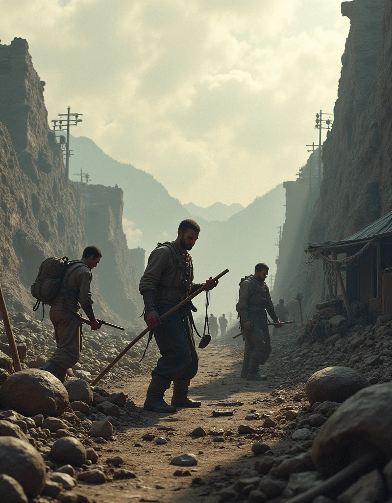 people working a ruined land