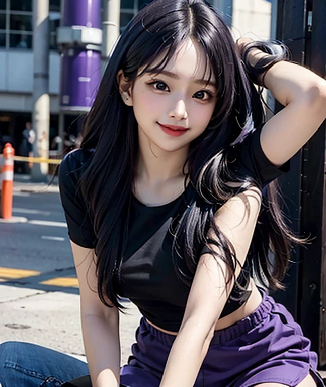 Masterpiece, high detailed, realistic, ultra realistic, ((hyper realistic)), woman with long hair, black hair color, ((purple t shirt / blue short pant)), smile, 16k,