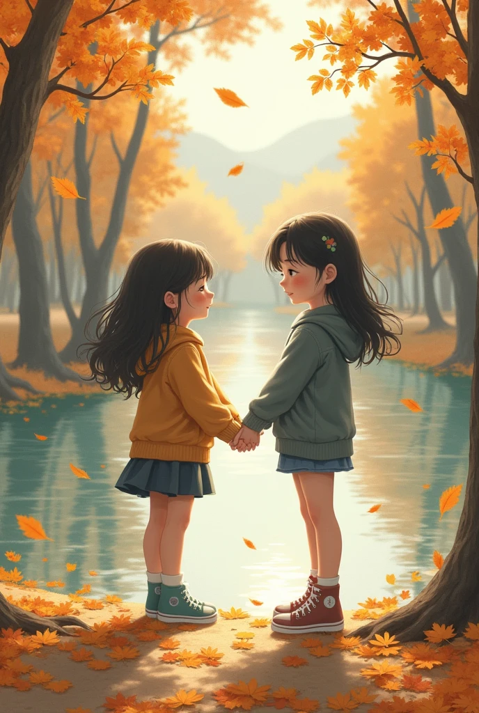 two girl holds hands beside river. leafs falling 