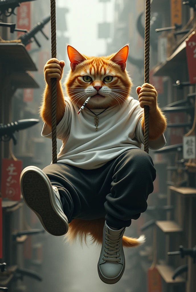 A cat wearing a over sized white t-shirt and black pant and white sneakers with smoking cigarette and hanging wepons and sliding in the rope