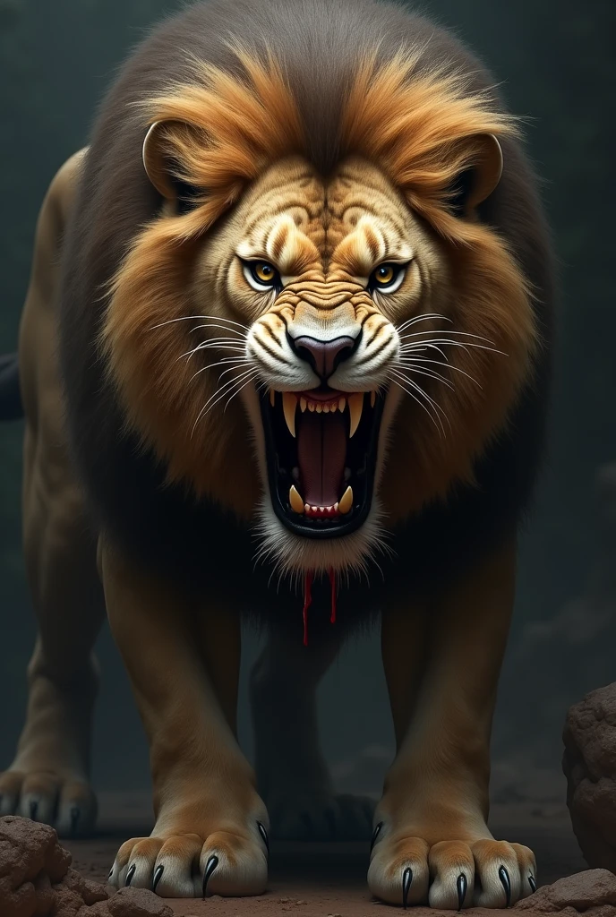 A lion with scary face with blood