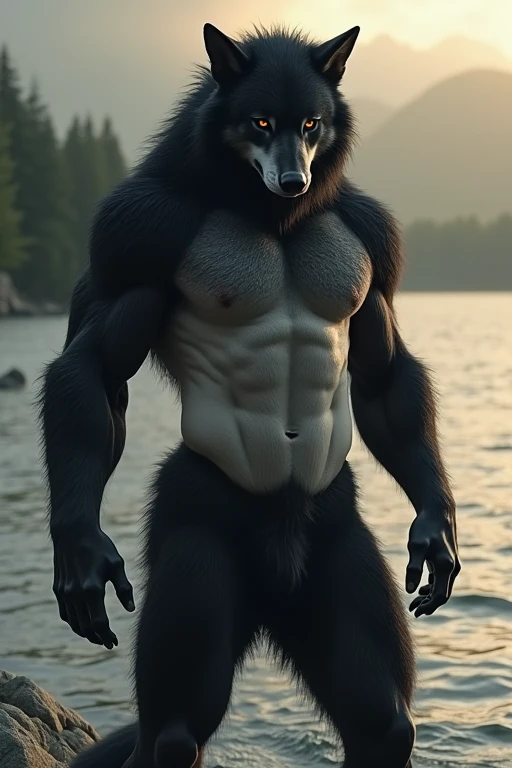 Male werewolf, naked , Black body, White belly , White Face , Erect penis , Gentle eyes , Light from the front , Lakeside , whole body