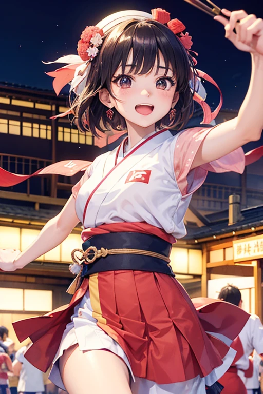 (Japan Bon Odori,最高masterpiece,Highest quality), Hot August,Bright vibrant anime art,People of all ages and genders dance and dance, Let's dance in yukata,Laughing and dancing, Showing white teeth,Men and women dance in a circle, masterpiece,Highest quality,High resolution,
