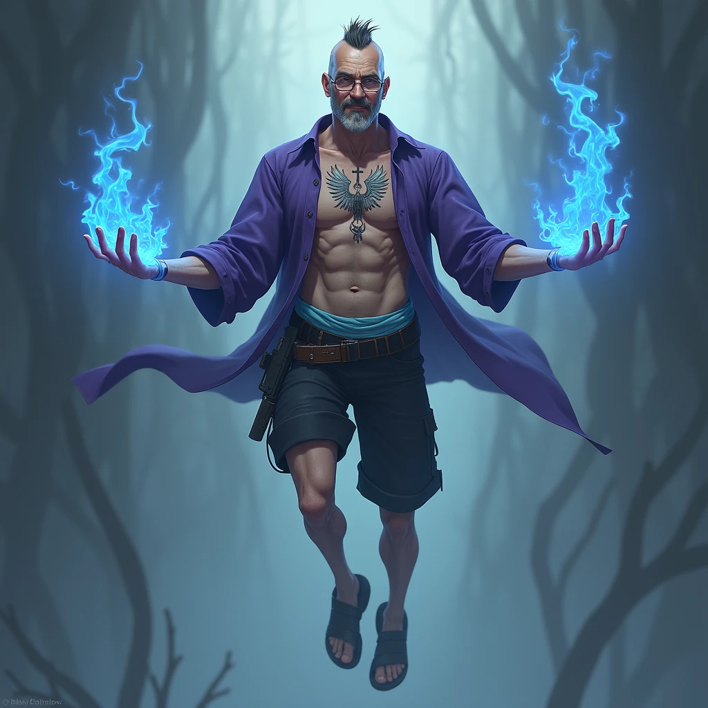 high resolution、8k、Detailed depiction、Real、Realistic、Realistic、British man、(((Skinny)))、tall、Long legs、middle aged、Blonde、Narrow eyes、Fearless smile、Intellectual、Bald on both sides、Hair that stands up on top of the head、open brests、((A tattoo of a cross and a waning crescent moon overlapping in the center of his chest))、Purple Shirt、Light blue waistband、Black shorts、Sandals、gun belt、Both hands are engulfed in blue flames、Floating in the air、((Thin rectangular glasses))、Single eyelid