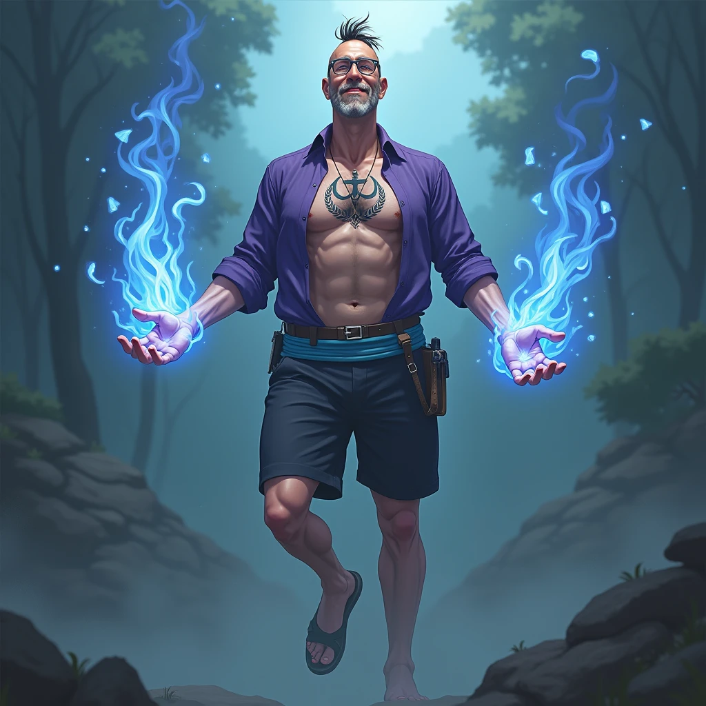 high resolution、8k、Detailed depiction、Real、Realistic、Realistic、British man、Skinny、tall、Long legs、middle aged、Blonde、Narrow eyes、Fearless smile、Intellectual、Bald on both sides、Hair that stands up on top of the head、open brests、((A tattoo of a cross and a U in the center of his chest))、Purple Shirt、Light blue waistband、Black shorts、Sandals、gun belt、Both hands are engulfed in blue flames、Floating in the air、((Thin rectangular glasses))、Stubble