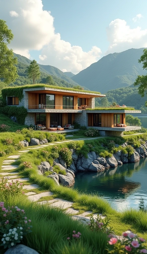 A 3d beautiful house on edge of river grass on walls grassy land plants flowers a beautiful view