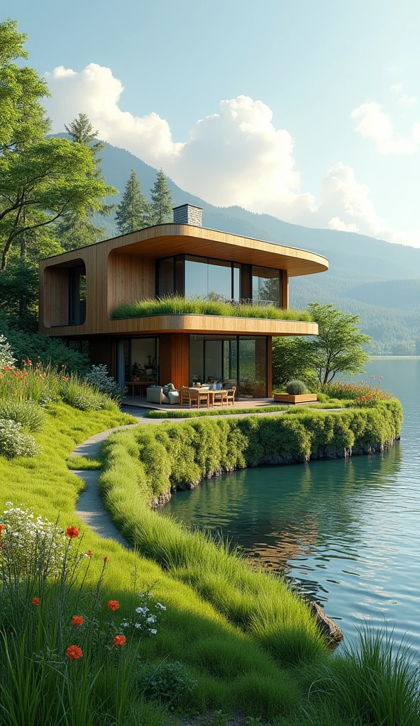 A 3d beautiful house on edge of river grass on walls grassy land plants flowers a beautiful view
