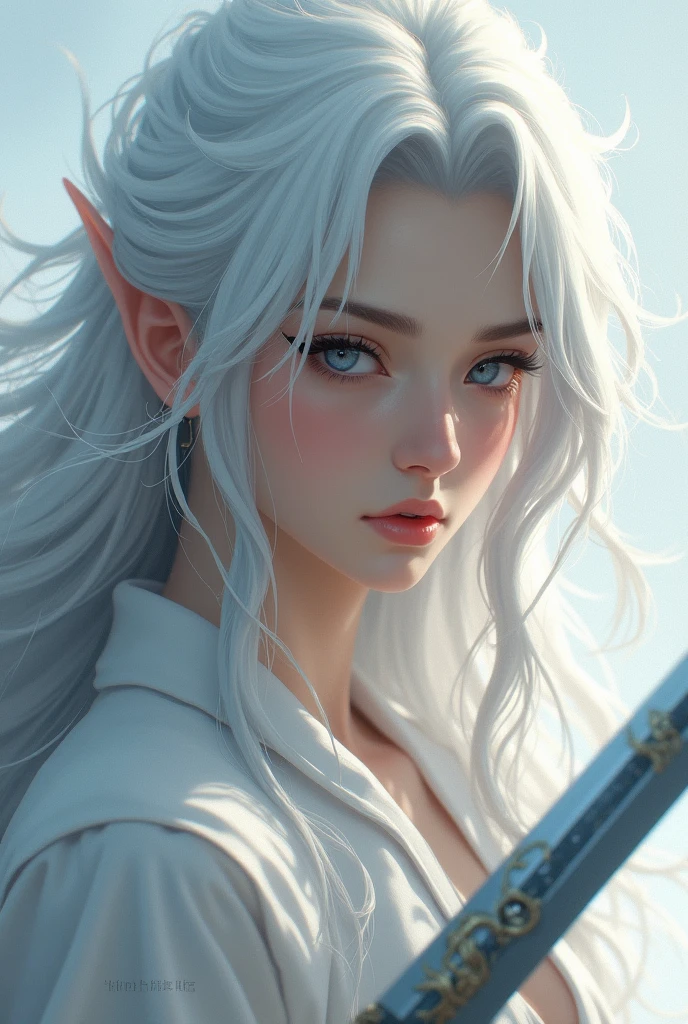 a close up of a person with white hair and a sword, white haired deity, with white long hair, with long white hair, artwork in the style of guweiz, white haired, guweiz, handsome guy in demon slayer art, beautiful character painting, by Yang J, white-haired, guweiz on pixiv artstation, anime character
