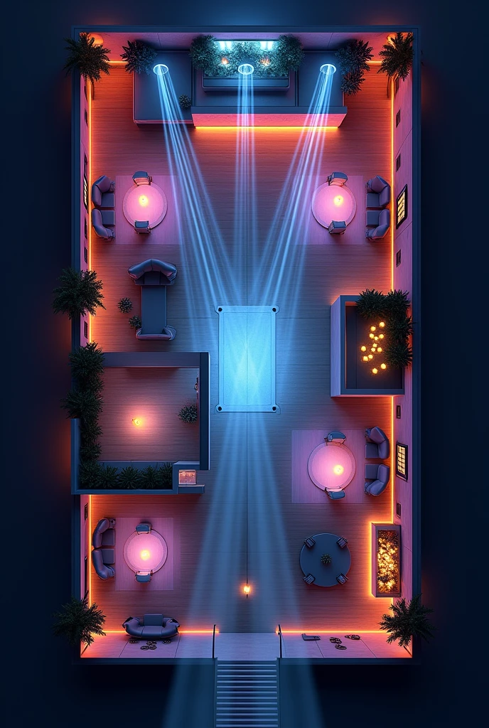 “Plan détaillé d’une boîte de nuit moderne, vue de dessus,  eloignée, 13 mètres sur 23 mètres, incluant 5 compartiments avec des salons visibles, VIP, Canapés spacieuses, un bar au fond design avec comptoir en bois et métal, un système d’éclairage sophistiqué avec des jeux de lumiere projetant des faisceaux lumineux sur la piste de danse, des spots LED RGB encastrés pour éclairer l’ensemble de l’espace, des zones de sièges confortables, une scène pour les performances, et tous les autres éléments architecturaux et d’aménagement intérieur. dimensionnement ,haute résolution.” Mezzanine avec balcon surplombant la piste de danse Vide central au milieu de la salle, créant un effet scénique et de hauteur 4 loges VIP avec canapés confortables Bar moderne et épuré au fond de la salle Système d’éclairage sophistiqué avec : Faisceaux lumineux (beam) RGB Projecteurs RGBW pour un éclairage dynamique et multicolore Ambiance générale épurée, minimaliste et moderne, mettant l’accent sur l’architecture et la lumière Le plan devra mettre en valeur l’espace ouvert au centre, la mezzanine surplombante, les loges VIP et le bar design. L’utilisation de la lumière, avec les effets beam et les projecteurs RGBW, sera un élément clé pour créer une atmosphère festive et immersive.