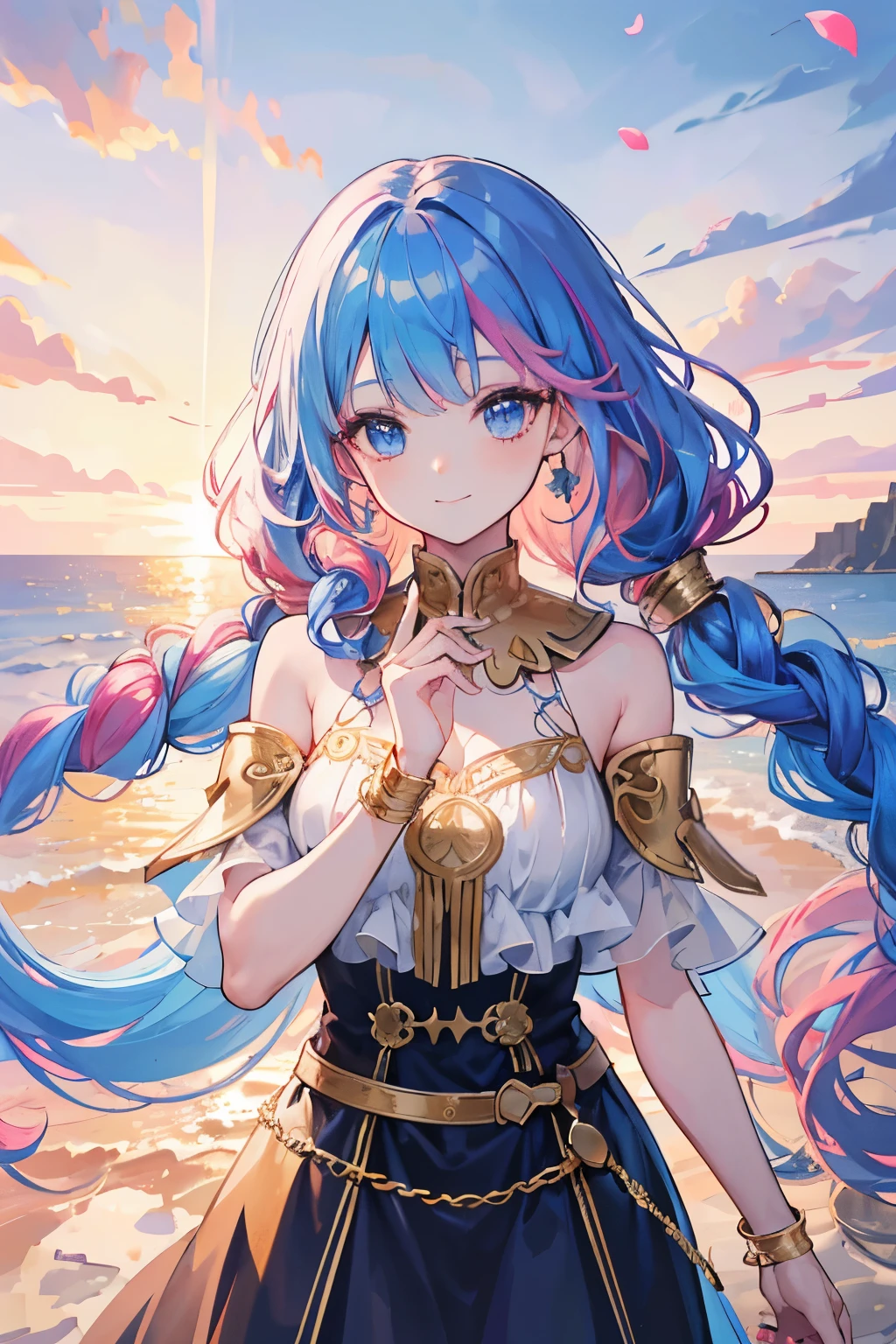 1 girl, (Rainbow Hair, Colorful hair, half blue and half pink hair: 1.2), 17 years old, blue_Sky, Holding a magic wand, summer (Oceansexist), petal_exist_liquid, Black cape with hood, Red and black tattered dress, skirt: 1.2, (gold lexistg curly hair: 1.5), Sky, outdoor, cloud, 刘Ocean, Smile, Sky blue eyes, Bare shoulders, Perfect hands, Card Details, Repair finger. earrings, Ocean + background, Watching_exist_Viewer, Cowboy shooting, Top quality, Rich details, Perfect image quality, sunrise