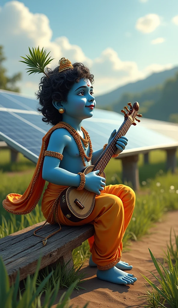 Lord Krishna, sitting on seesaw playing Bari in background solar panels