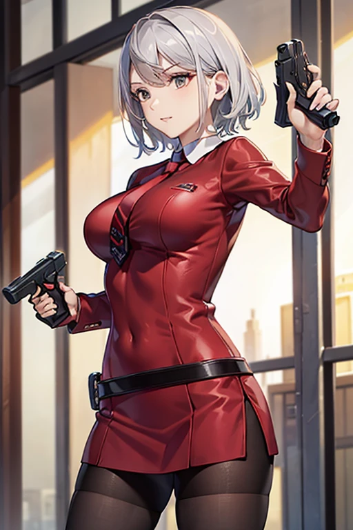 Highest quality、Ultra HD、One Woman、(Silver short hair)、(Red blazer 1.3)、(Red tie)、(shirt)、(Red Heel 1.1)、((Red Mini Tight Skirt))、((Black tights 1.2))、((Shooting with a gun in each hand.5))、Stylish、Beautiful Faces、(Black belt 1.2)、2 female、Glamorous Body、(Sunset slum background 1.2)、((A clear and beautiful touch))