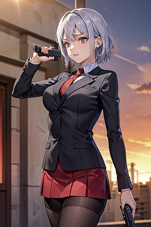 Highest quality、Ultra HD、One Woman、(Silver short hair)、(Red blazer 1.3)、(Red tie)、(shirt)、(Red Heel 1.1)、((Red Mini Tight Skirt))、((Black tights 1.2))、((Shooting with a gun in each hand.5))、Stylish、Beautiful Faces、(Black belt 1.2)、2 female、Glamorous Body、(Sunset slum background 1.2)、((A clear and beautiful touch))