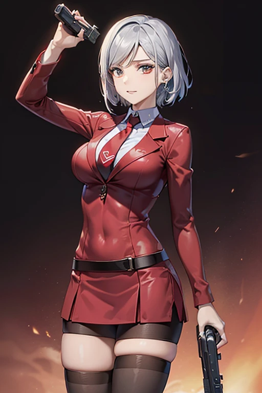 Highest quality、Ultra HD、One Woman、(Silver short hair)、(Red blazer 1.3)、(Red tie)、(shirt)、(Red Heel 1.1)、((Red Mini Tight Skirt))、((Black tights 1.2))、((Shooting with a gun in each hand.5))、Stylish、Beautiful Faces、(Black belt 1.2)、2 female、Glamorous Body、(Sunset slum background 1.2)、((A clear and beautiful touch))