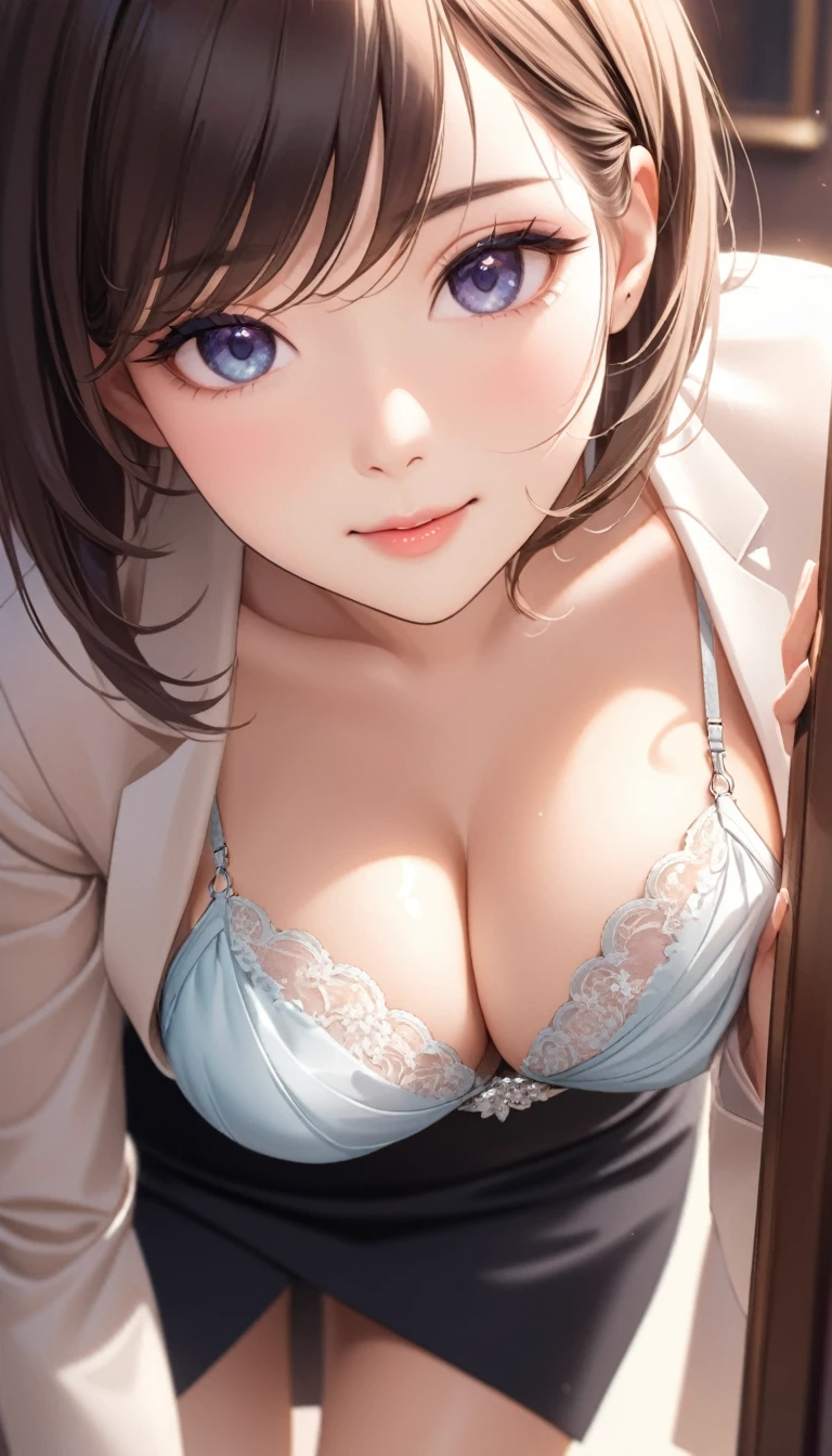 Top-notch quality, exceptional, playful breast tease, quick flirtatious glance, teasing allure, delicate hint of cleavage, subtle peek of bra, bra peeking through, chic business attire, elegant formal wear, stylish blouse, professional yet alluring outfit, charmingly subtle breasts, coy bending over, playful peeking, enchanting close-up of face and chest