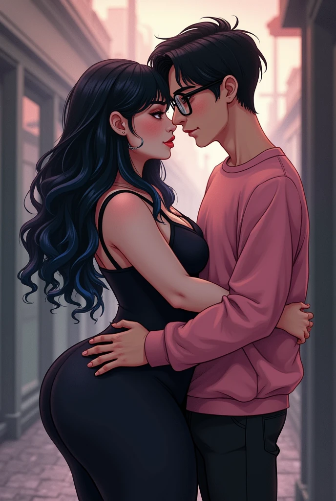 Couple of boyfriends, she is gothic with a curvy body, big cheeks, big butt, black hair with blue and big brown eyes, clear skin, He has straight hair combed up and small rectangular glasses and a wide nose and a pink sweatshirt and black pants.