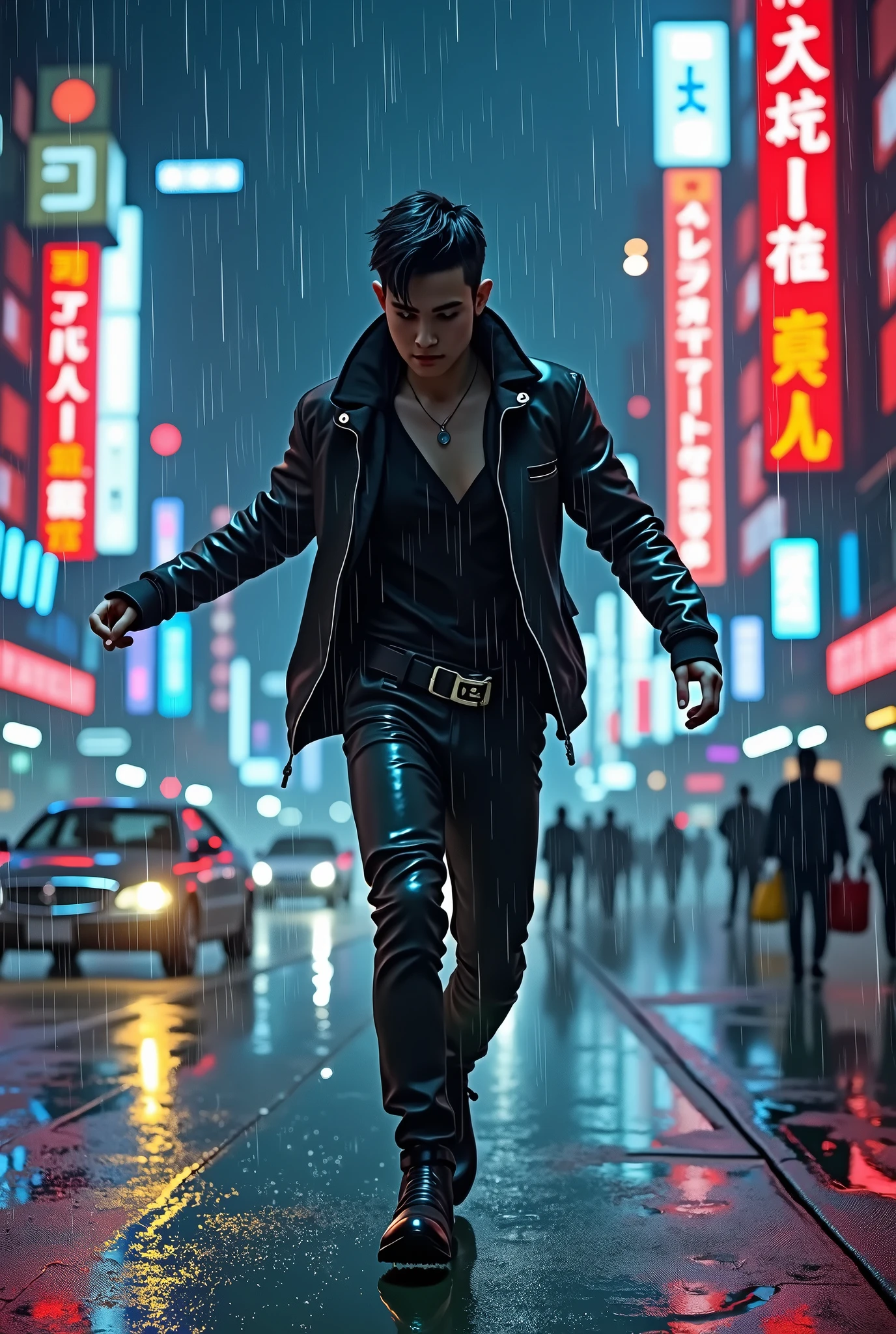 anime:1.5, (masterpiece, Best Quality, High resolution, Fondo de pantalla de unidad de 32K, Extremely detailed CG:1), (weak illustration on stage:1.0), ((1 young and handsome cyberpunk:1.5 dancing in the rain:1.7 )),(( cyberpunk night city:1.4)), neon signs futuristic cars,dark place rain, ((wet clothes magenta neon lights perfectly illuminating the young man:1.45) . 32K