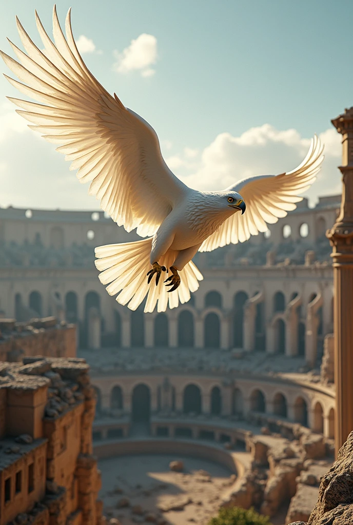 3D view, a huge eagle (white) flying over the ancient Greek Colosseum building