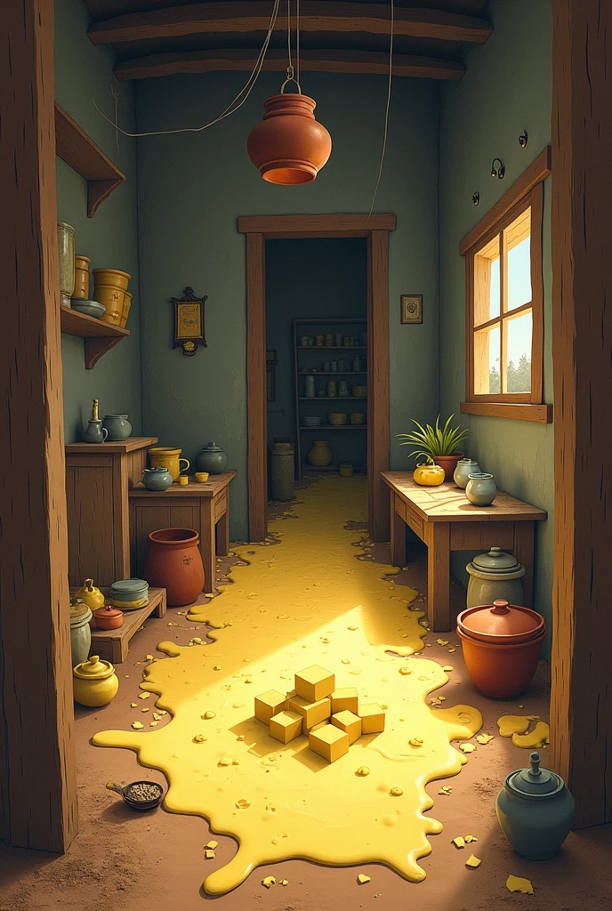 Make a scene which is inside a house. A pot is hanging from the ceiling. The floor is made of mud. The whole room is filled with butter and pots.