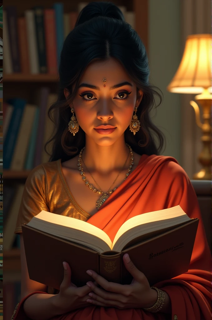 A Indian women reading a book that’s cover page written by Komal is studying line
