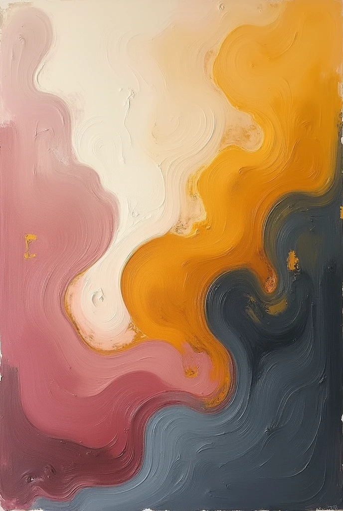 **"An abstract composition using a limited palette of dusty rose, charcoal grey, and mustard yellow, with swirling forms and textured brush marks, giving the impression of a vintage hand-crafted piece."**