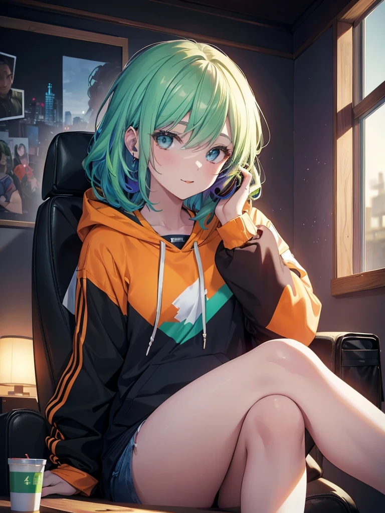 1 girl in, Girl sitting,Hooded hoodie, (Wearing headphones around your neck:1.3), head phone, kawaii, Holding the console with both hands, from the front side, inside in room, There is a study desk and dresser behind the bed.., top-quality, masutepiece, high-level image quality, (２Book Legs:1.2),white panties