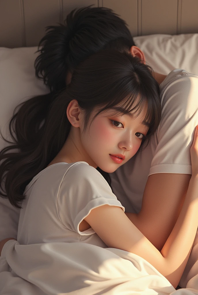 A Japanese woman and a Japanese man are sleeping side by side、The woman has her back to the man,A man is hugging from behind,In bed,The woman has long hair,The woman is wearing a T-shirt,men are20Old Japanese,men areTシャツを着ている,2人ともIn bedで横になっている,Beautiful eyes,Fine skin,The woman has her eyes down,Highest quality,