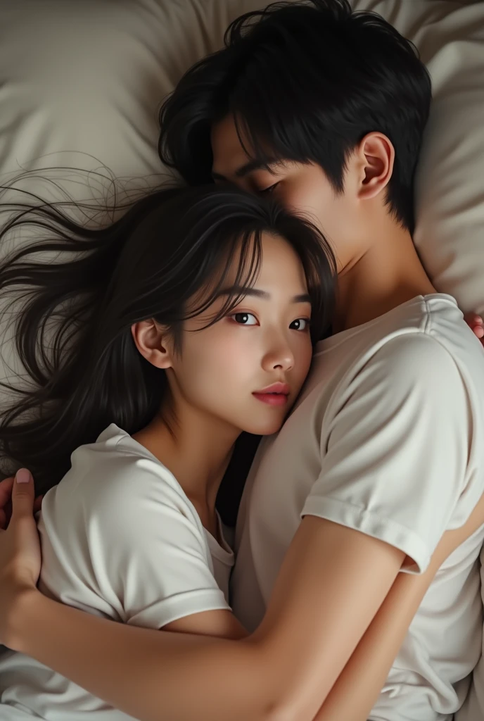 A Japanese woman and a Japanese man are sleeping side by side、The woman has her back to the man,A man is hugging from behind,In bed,The woman has long hair,The woman is wearing a T-shirt,men are２０Old Japanese,men areTシャツを着ている,２人ともIn bedで横になっている,Beautiful eyes,Fine skin,The woman has her eyes down,Highest quality,