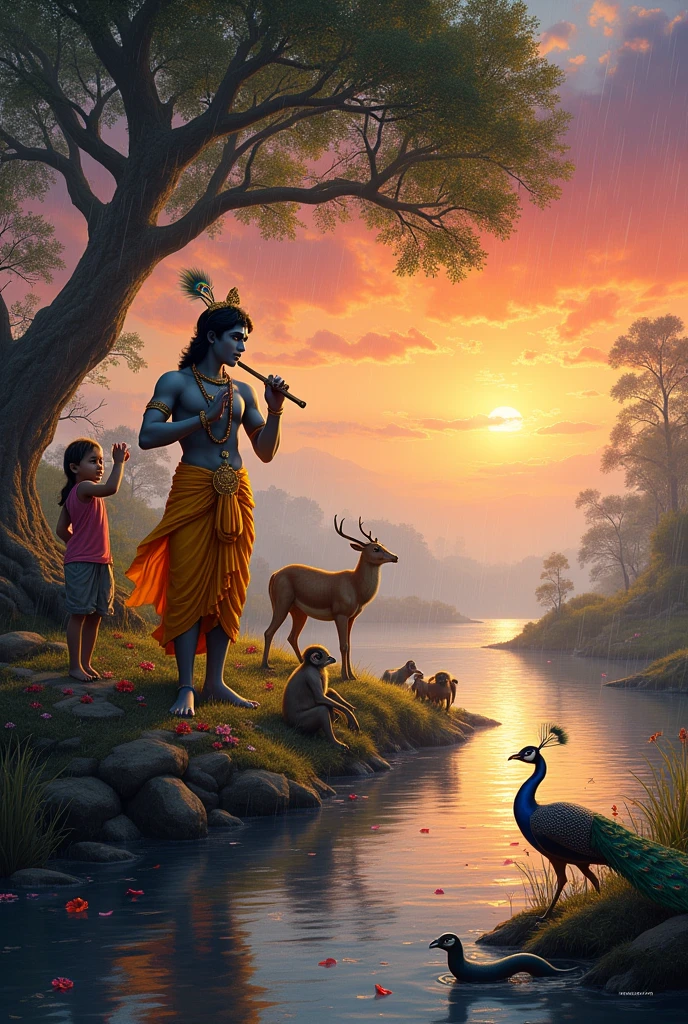 Krishna god playing with fluet under the tree with his friends children's sarounding cow monkey peacock birds deer snake and other animals sky is red pink and orange sunset with foggy rainbow with rain drops and river detailed
