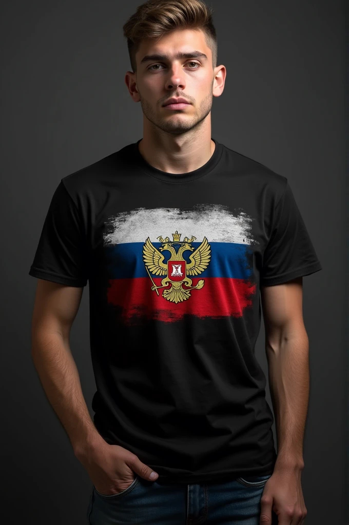 Make me a 1 boy black shirt with the flag of Russia and its colors with shield on the chest