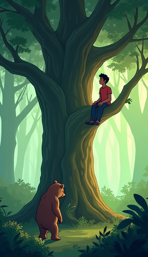 Viral cartoon in 4K quality in the style of digital illustration is a large tree in a lush forest under which a bear stands. Two friends Rahul and Mohan are sitting on the tree branches. The first friend (Rahul), in a serious and carefree expression, told the second friend (Mohan), "I will get down from the tree and drive the bear away slowly. Stay on the tree."Mohan looks worried and confident. Rahul prepares to descend from the tree, while the bear looks intently at the tree. The forest environment is intense and stressful.