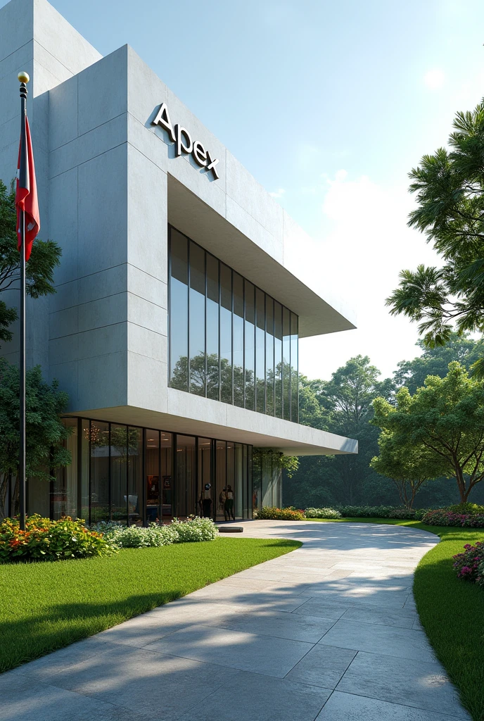 Create a building in Singapore with serene environment,with compound with grass and flowers with a very digital driveway.The building is written Apex Global Holdings Embassy and it has a flag too on the ground very near to the building.I can't see the writings and full view 