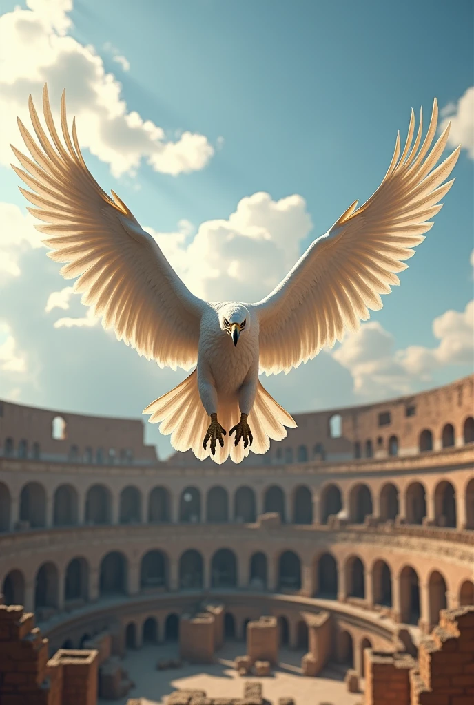 3D view, a huge eagle (white) flying over the ancient Greek Colosseum building