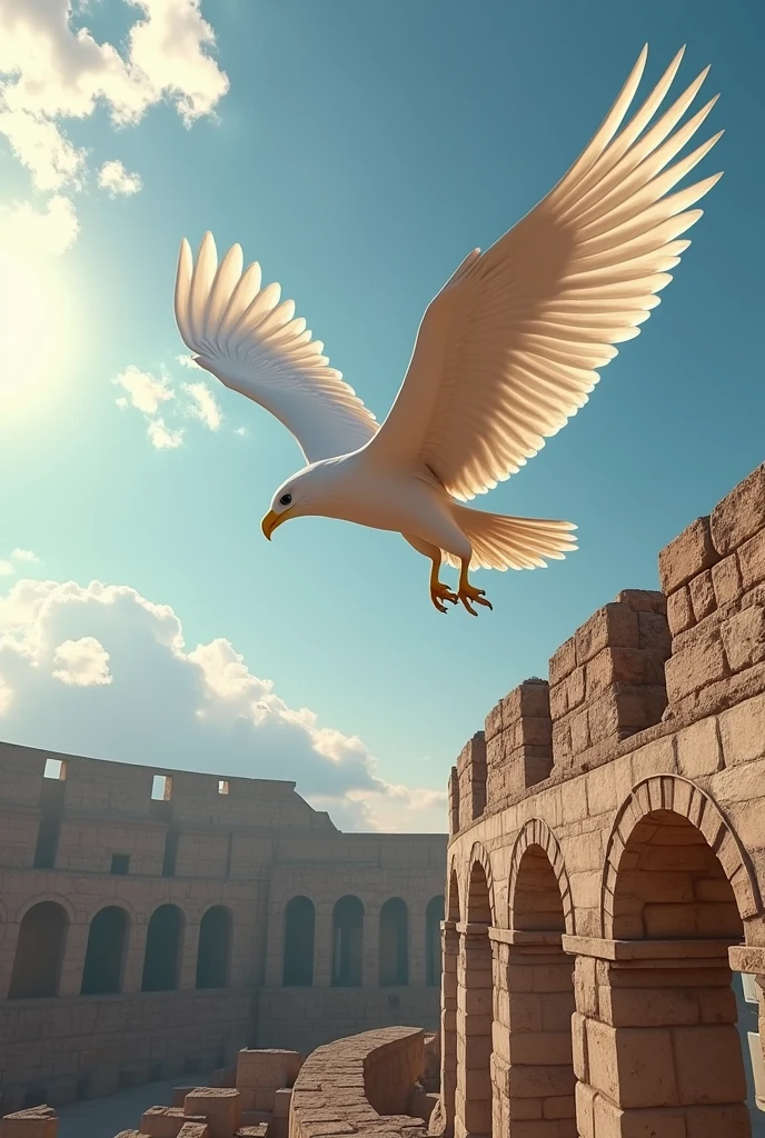 3D view, a huge eagle (white) flying over the ancient Greek Colosseum building