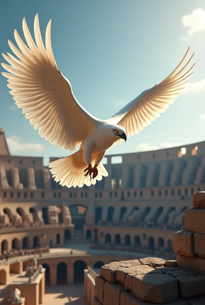 3D view, a huge eagle (white) flying over the ancient Greek Colosseum building
