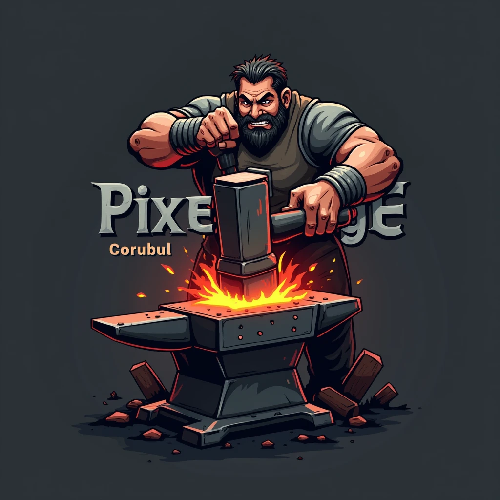 A logo with the text "PixelForge Studio". The hammer is striking a red-hot piece of metal on an anvil. The background is a dark grey colour.