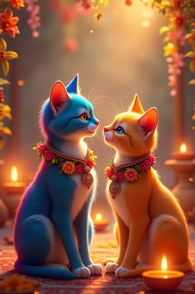 Prompt 10**: A romantic scene of male hero rainbow coloured cat and female lady beutifull rainbow coloured cat Meera looking at each other with love and contentment. They are dressed in their traditional attire, surrounded by the glow of oil lamps and the festive decorations of Janmashtami.