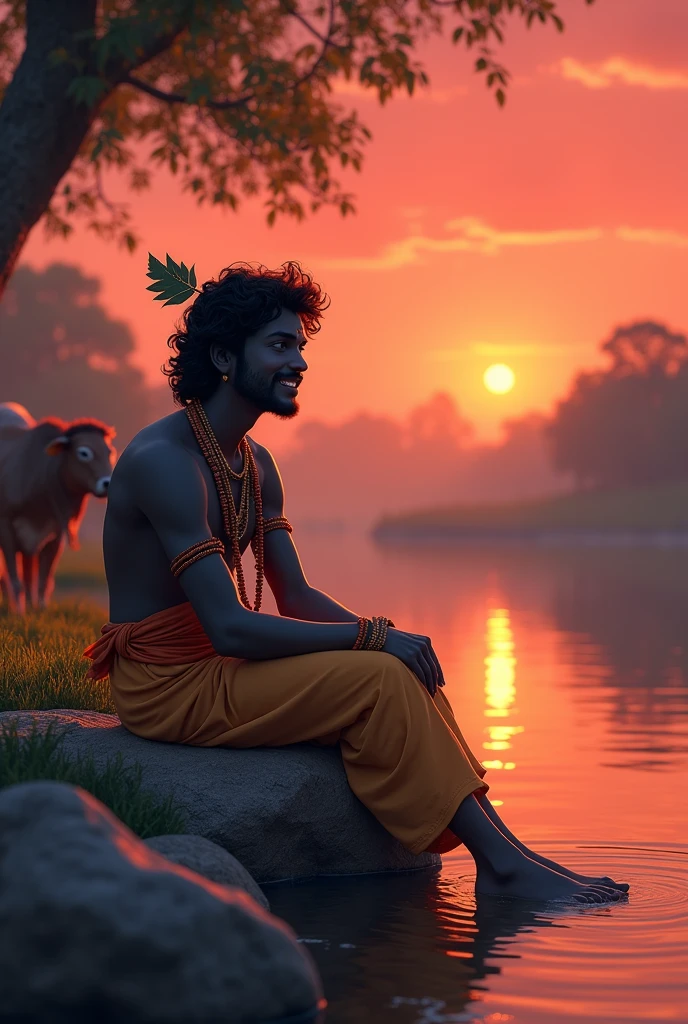 Lord krishna as charming young with full pure Black tone and a patchy bearand moustache sitting on rock casually as common man with his friends with chitchats in a red sky evening with laughing with out any ornaments in riverbank  also with his group of cow
