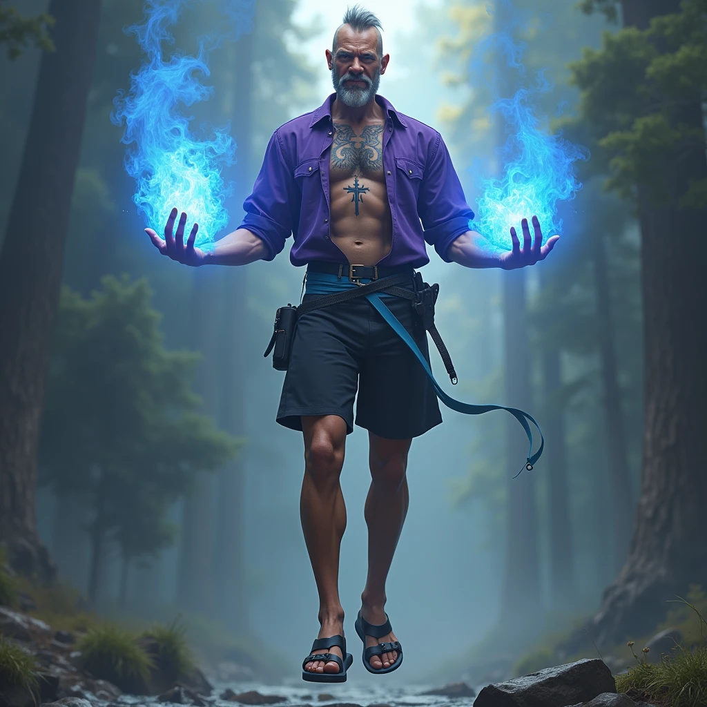 high resolution、8k、Detailed depiction、Real、Realistic、Realistic、German Men、(((Slender)))、tall、Long legs、middle aged、Blonde、Narrow eyes、Fearless smile、Intellectual、Bald on both sides、Hair that stands up on top of the head、open brests、((A tattoo of a cross and a waning crescent moon overlapping in the center of his chest))、Purple Shirt、Light blue waistband、Black shorts、Sandals、gun belt、Both hands are engulfed in blue flames、Floating in the air、((Thin rectangular glasses))、Single eyelid、Stubble on chin only