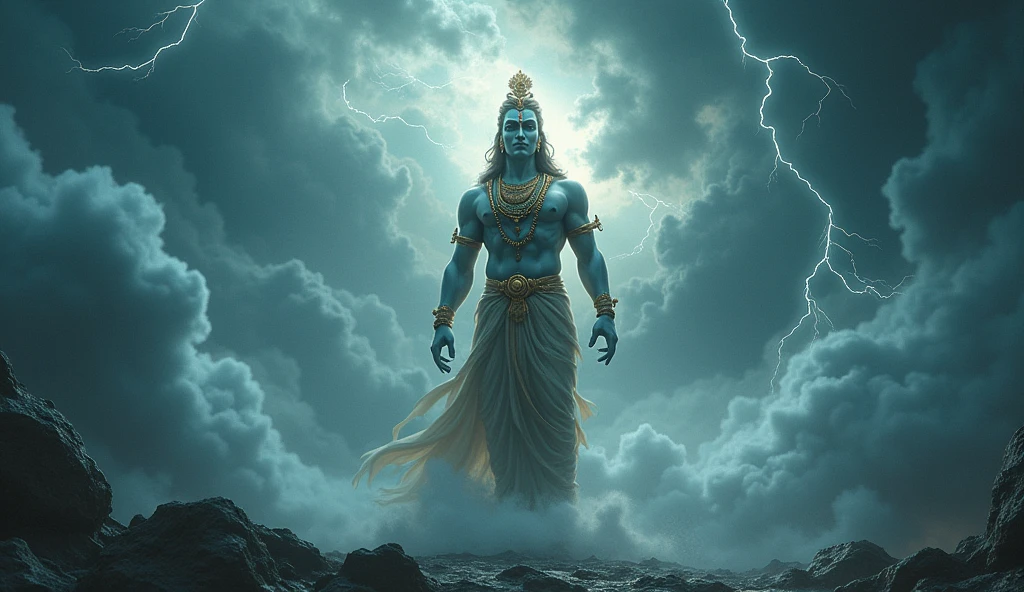 Ethereal Vishnu in a Cosmic Storm: Vishnu standing calmly in the midst of a cosmic storm, with lightning crackling around him, holding his conch shell to his lips as if ready to blow it, with his face glowing with divine light.