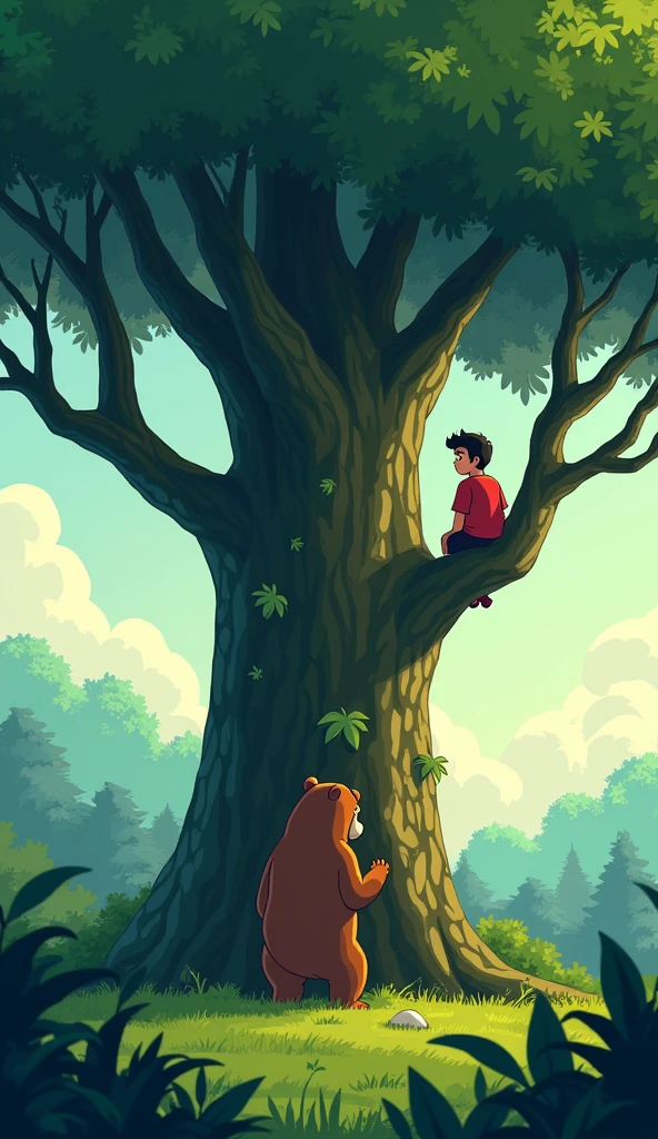 Viral cartoon in 4K quality in the style of digital illustration is a large tree in a lush forest under which a bear stands. Two friends Rahul and Mohan are sitting on the tree branches. The first friend (Rahul), in a serious and carefree expression, told the second friend (Mohan), "I will get down from the tree and drive the bear away slowly. Stay on the tree."Mohan looks worried and confident. Rahul prepares to descend from the tree, while the bear looks intently at the tree. The forest environment is intense and stressful.